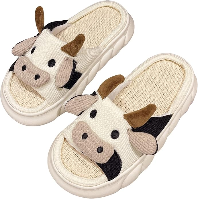 AZCHEN Women's Animal Cartoon Pig Slippers - Cute and Comfortable Linen Plush Slippers for Home