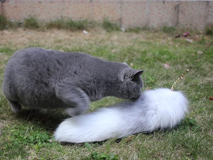 Fosrion Real Fox Tail Fur Cat Bites Toy with Three Section Retractable Carbon Fiber Rod(White, Only Tail)