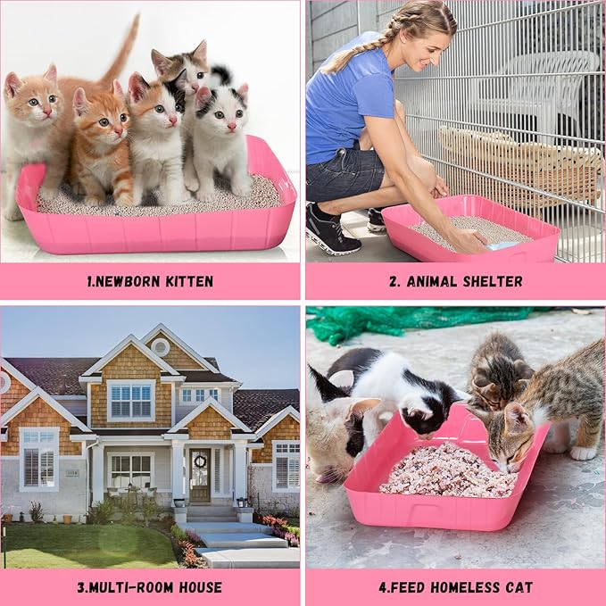 Bokon 25 Pcs Disposable Litter Boxes for Cats Plastic Cat Litter Tray Kitten Litter Pan for Kitty Rabbit Guinea Pig Hamster Pets Supplies Travel Home Toilet, 15.7 x 11.8 x 3 Inches (Pink)