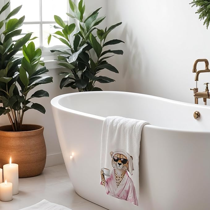 Trendy Coffee Leopard Bathroom Hand Towels, Funky Sunglasses Bathrobe Cheetah Decorative Hand Towels for Bathroom Washroom, 16x24 Inch