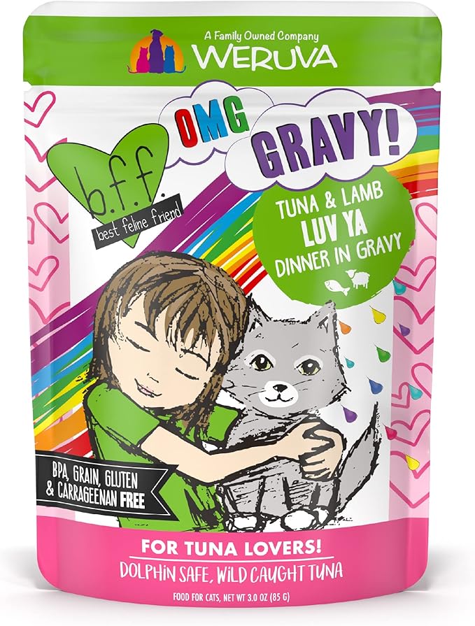 Weruva B.F.F. OMG - Best Feline Friend Oh My Gravy!, Tuna & Lamb Luv Ya with Tuna & Lamb in Gravy Cat Food, 3oz Pouch (Pack of 12)