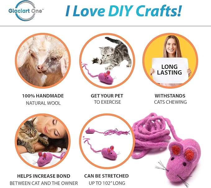 Glaciart One Felt Mouse Cat Toy – Soft Fuzzy Enrichment 100% Natural Wool Toy - Interactive Catnip Play Cat Toy Set - Safe for Pets, Non-AZO Colored Dyes - 100” Long