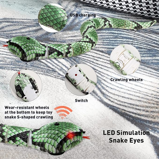 Cat Toys Snake Interactive,Kitten Toys,Realistic Simulation Smart Sensing Snake Toy,USB Rechargeable,Automatically Sense Obstacles and Escape,Tricky Snake for Indoor Cats Dogs(Green Snake)