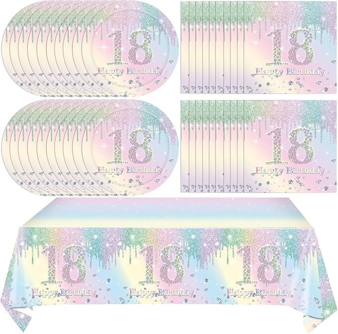18th Birthday Party Decorations Tableware for Girls, Iridescent Macarons Diamond Happy 18th Birthday Supplies Includes 20 Plates 20 Napkins and 1 Tablecloth for Adult Boys Girls 18 Year Old Bday