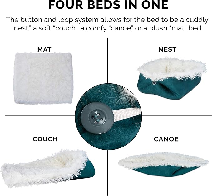 Furhaven Self-Warming Cat Bed for Indoor Cats, 4-Beds-in-1 & Washable - Plush Long Faux Fur Convertible Cuddler - Spruce, Large