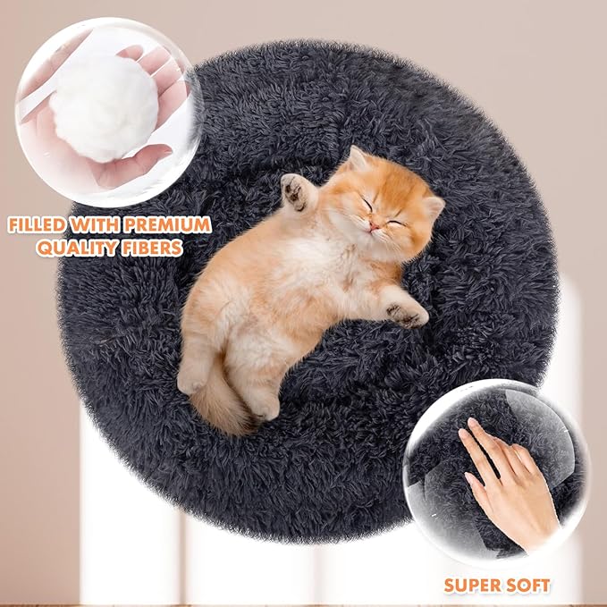 ShellKingdom Cat Beds for Indoor Cats, 24 inch Large Dog Bed for Small Medium Large Dogs, Cute Round Fluffy Plush Pet Bed for Puppy Kitten, Self Warming Calming Soft Donut Cat Bed, Grey