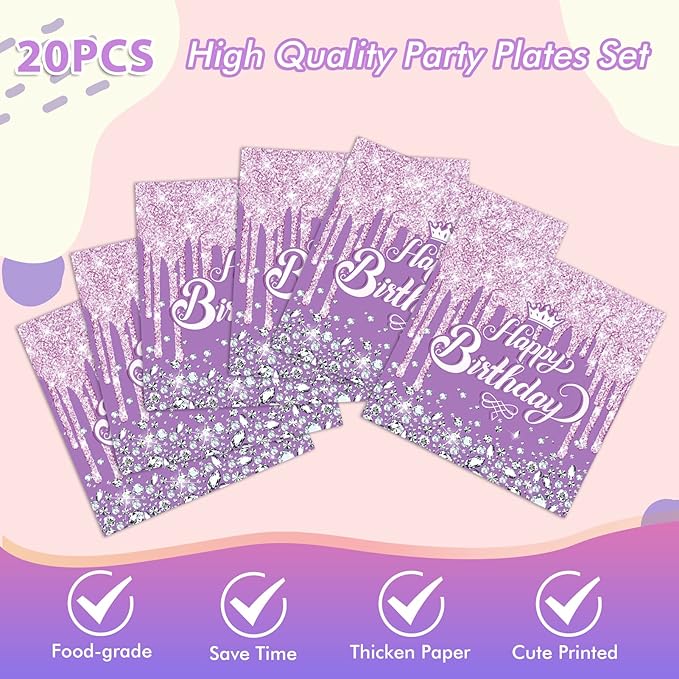41Pcs Purple Birthday Tableware Set for Happy Birthday Table Decorations Purple Theme Birthday Dessert Plates Napkins Tablecloths for 20 Guests Girls Women Silver Glitter Birthday Party Supplies