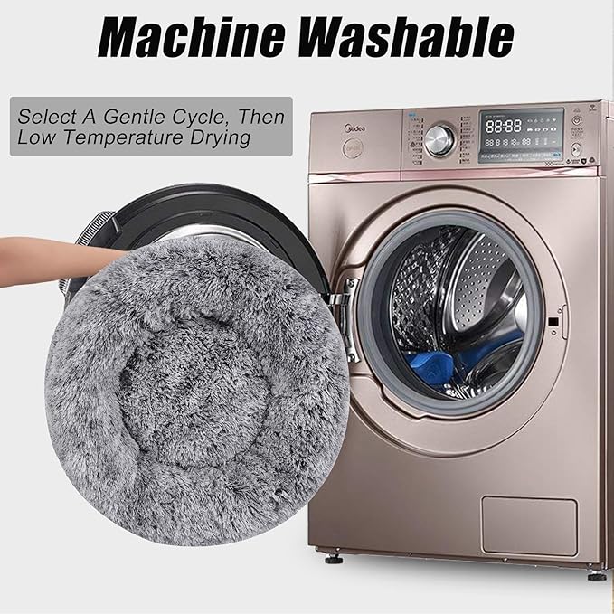 Calming Dog Bed, Dog Beds Fits up to 25 lbs Pets, Fluffy Donut Dog & Cat Bed Washable, Round Anti Anxiety Dog Bed, Small Dog Bed with Non-Slip Bottom (Grey White, 24" x 24")