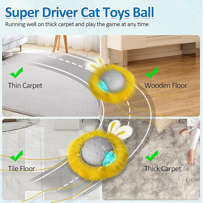 Motion Activate Interactive Cat Toys - Automatic Moving Ball Toys for Indoor Cats, Self Rotating Ball with Lights, Electric Cat Mice Toys, USB Rechargeable, Auto On/Off