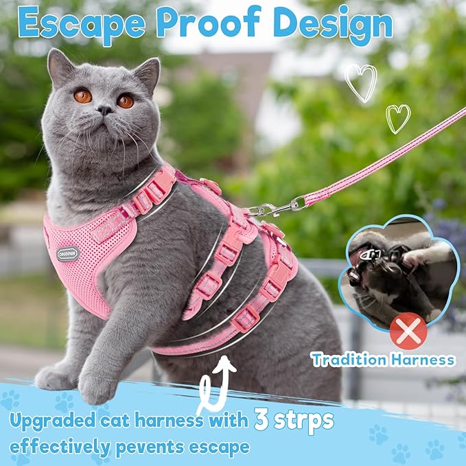 Cat Harness and Leash Set for Walking, Escape Proof Soft Vest Harness for Cats, Adjustable Reflective Kitten Harness for Small Medium Large Cats, Breathable Kitty Harness, Pink M