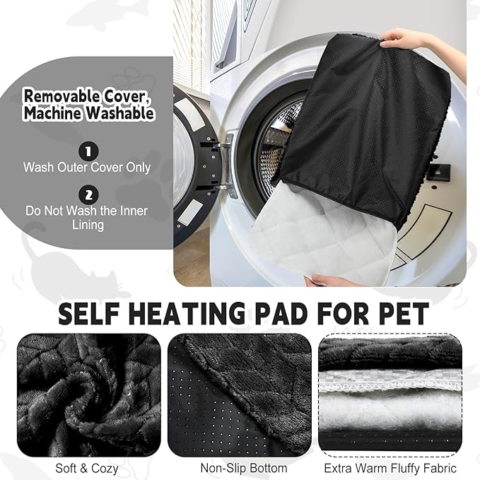 4 Pack Self Heating Cat Pad Self Warming Cat Mat Non Slip Warm Dog Bed Pad Mat Washable Pet Kennel Pad Crate Bed Mat Removable Cover Cat Blanket for Indoor Outdoor(Black,20 x 28 Inch)