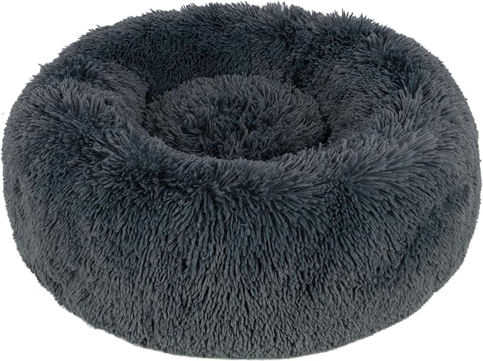 Best Pet Supplies Round Donut Dog Bed with Plush Faux Fur Fabric, Calming, Anti-Anxiety Cushion for Indoor Pets, Slip-Resistant Base, Soft Ergonomic Support - Gray, 24x24x7''
