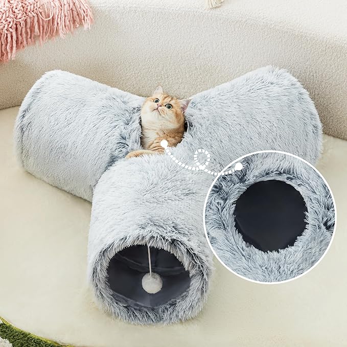 Tempcore Plush Pet Cat Tunnel Tube Cat Toys 3 Way Collapsible, Cat Tunnels for Indoor Cats，Kitty Tunnel Bored Cat Pet Toys Peek Hole Toy Ball Cat, Puppy, Kitty, Kitten, Rabbit Light Grey