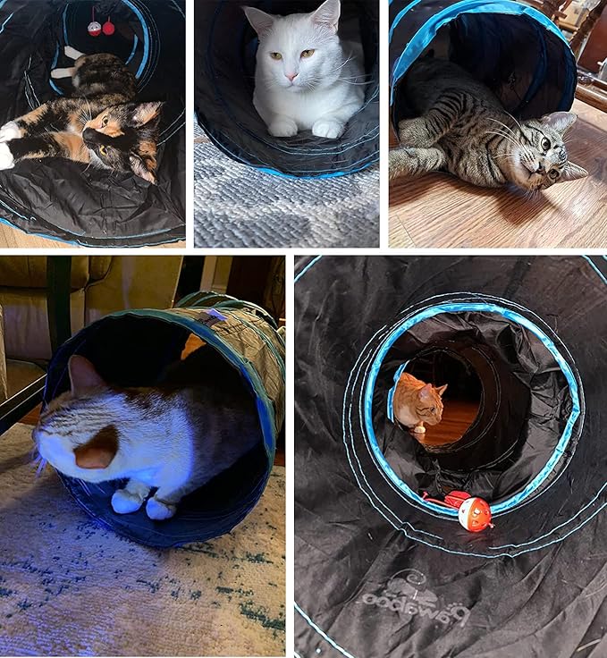 Pawaboo Cat Toys, Cat Tunnel Tube S-Shaped Tunnels 25x97cm Extensible Collapsible Cat Play Tent Interactive Toy Maze Cat House with Balls and Bells for Cat Kitten Kitty Rabbit Small Animal, Blue