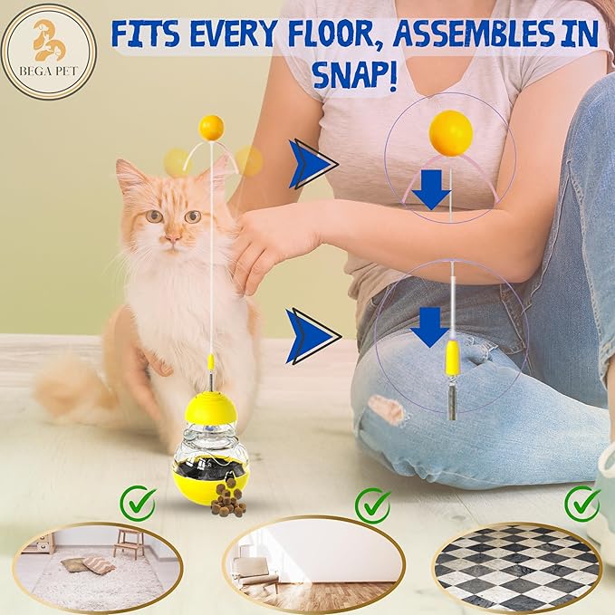 Cat Treat Toy for Indoor Cats - 16.3 '' Cat Interactive & Wand Toy for Bored Adult & Kitten Puzzle Slow Feeder Training Bowl Food Dispenser Track Balls - Christmas & Birthday Gifts (Yellow)
