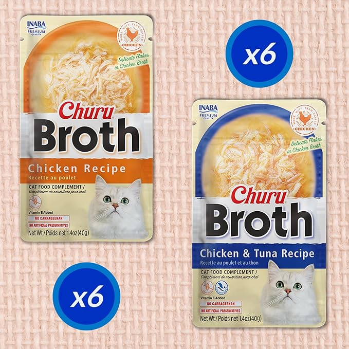 INABA Churu Broth for Cats, Creamy Broth with Shredded Chicken Side Dish Pouch, 1.4 Ounces per Pouch, 12 Pouches, Chicken and Tuna Variety