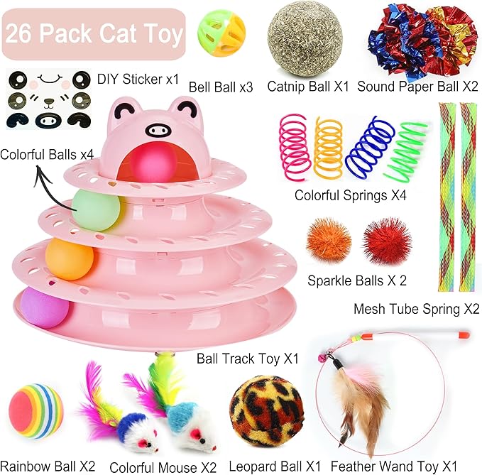 Suhaco 26 Pack Cat Toys Interactive for Indoor Cats Kitten Toy Fun Roller 4 Level Cat Teaser Ball Toys with 4 Colorful Balls Cat Feather Wand Kitty Toy Set for Boredom (Pink)