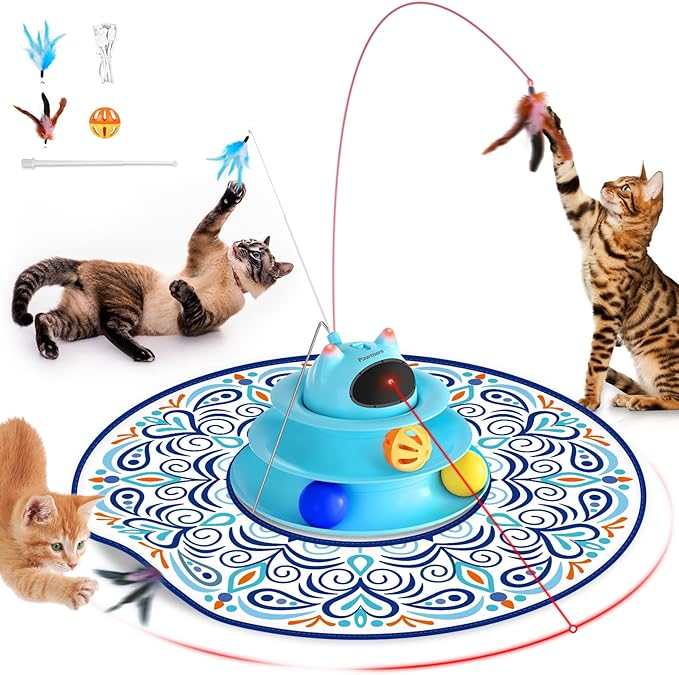 Interactive Cat Toy: 5 in 1 Automatic Cat Toy for Indoor Cats, Rechargeable Hide and Seek Toy with PVC Cover, Battery Operated Kitten Laser Toy with Standard Accessories Pack, Blue