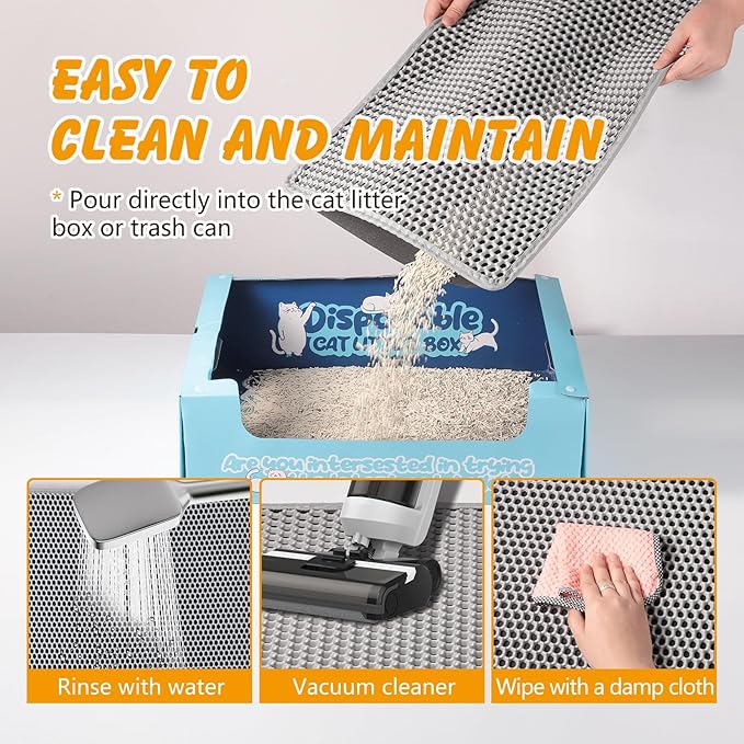 30x24 Inch Cat Litter Mat Double Layer Non-Slip Odor-Free Litter Box Mat,Waterproof and Urine Proof Litter Mat,Scatter Control, Less Waste,Easier to Clean(Gray)