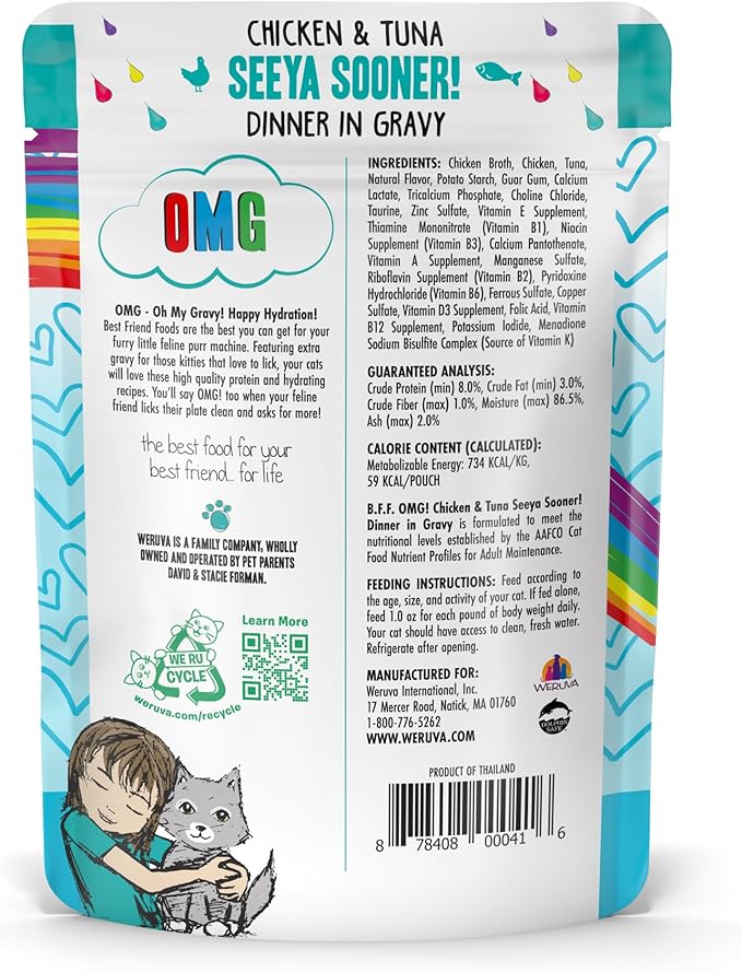Weruva B.F.F. OMG - Best Feline Friend Oh My Gravy!, Seeya Sooner! with Chicken & Tuna in Gravy Cat Food, 2.8oz Pouch (Pack of 12)