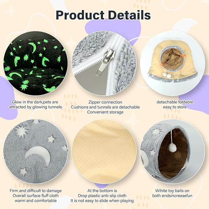 BWOGUE Bunny Tunnel Bed, 2-in-1 Collapsible Tunnel Tubes Toys with Removable Mat Hideout for Cats Kittens Rabbits Guinea Pigs Kitty