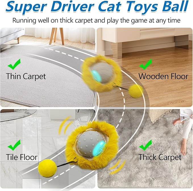 Motion Activate Interactive Cat Toys - Automatic Moving Ball Toys for Indoor Cats, Self Rotating Ball with Lights, Electric Cat Mice Toys, USB Rechargeable, Auto On/Off