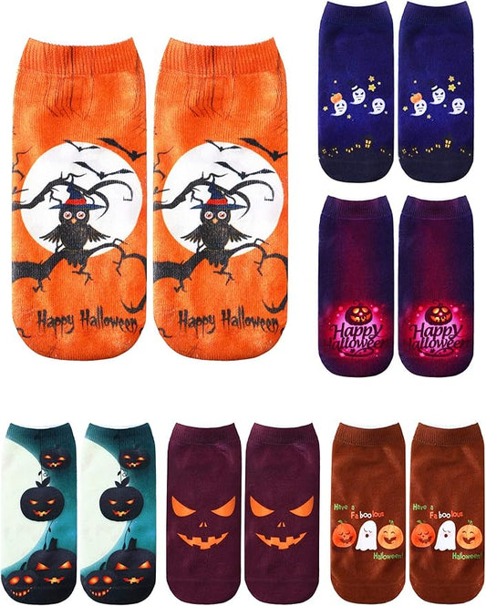 Boao 6 Pieces Christmas Socks 3D Print Short Casual Funny Halloween Pumpkin Cat Ankle Socks