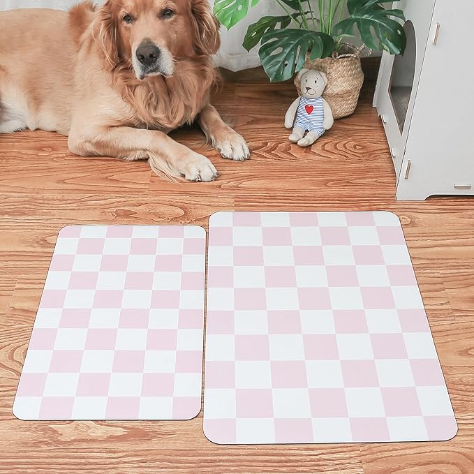Ralxion Checkered Dog Feeding Mat, Absorbent Mats for Dog Food and Water Bowl, Dispenser, Retro Aesthetic Pink Checkerboard Pet Placemat for Dogs, Cats, Puppy Accessories, 12" X19”
