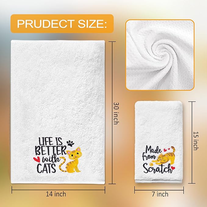 Cat Hand Towels for Bathroom - Set of 2, Embroidered Cat Lover Gifts, Soft Cotton 14x30 Inches