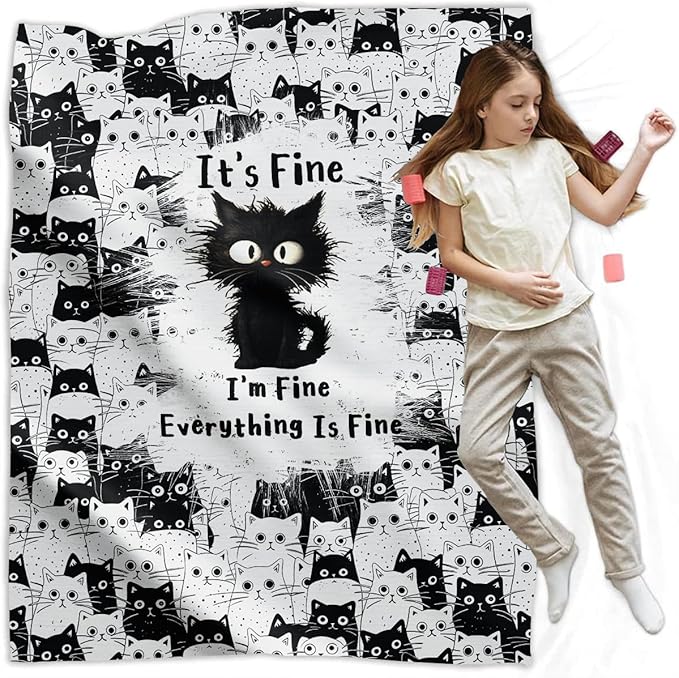 Cat Blanket, Black Cat Gifts for Cats Lovers, I'm Fine Everything is Fine Black Cats Blanket 50"X60", Kitten Lovers Gifts for Women Girls Kids Adults