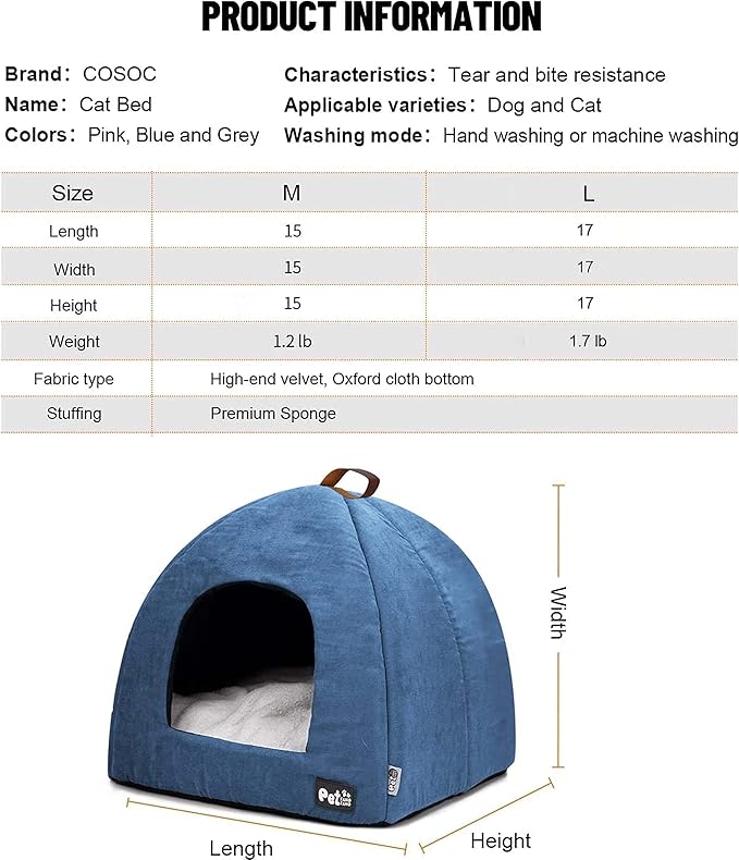 Cat Bed for Indoor Cats -Premium Pet Beds for Cats and Small Dogs, Cat Bed Cave, Comfortable Covered Cat Bed, Cat Tent, Kitten Bed, Small Animal Bed and Cat Hut with Cushioned Pillow (Large, Blue)