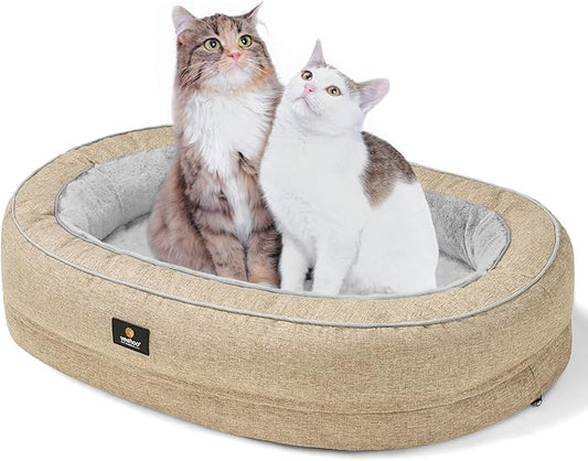Veehoo Orthopedic Cat Bed for Indoor Cats, Oval Washable Cat Bed with Egg Crate Foam Support, Indoor Donut Puppy Cat Bed Bolster Dog Bed with Removable Cover & Non-Slip Bottom, Beige Coffee