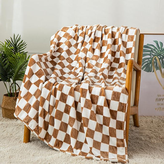 Checkered Throw Blanket | Soft Fleece Flannel Cozy Checkerboard Grid Blanket | Couch Sofa Bed Chessboard Blankets Throws | Birthday Valentine's Day Gifts 40"x60" Khaki Blanket