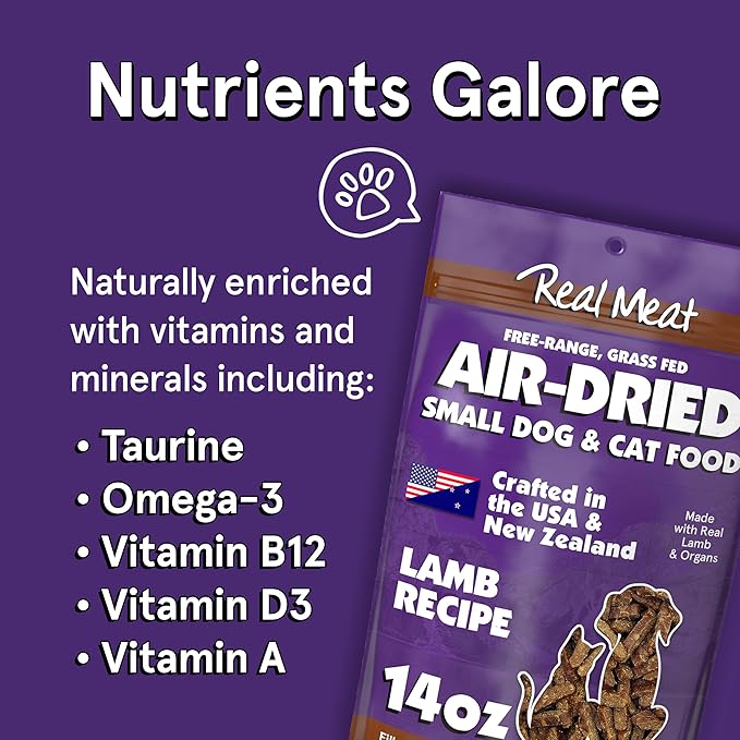 Real Meat Air Dried Cat Food & Dog Food w/ Real Lamb - 3.5lbs of USA-Crafted Grain-Free Dry Dog & Cat Food Sourced from Hormone-Free, Free-Range, Grass-Fed Lamb - All Natural, High Protein Pet Food