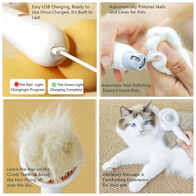 BowBow 2 in 1 Cat Brush and Nail Grinder, Rechargeable Self-Cleaning Slicker Cat/Dog Grooming Brush for Pets with Long Or Short Hair, Hair Remover & Pet Nail Grinder for Dog and Cat for Pet Grooming
