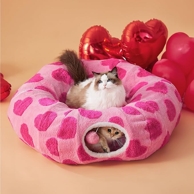 Lesure Cat Tunnel Bed for Indoor Cats - Cute Cat Donut Tunnel with Washable Circle Cushion, Round Pet Play Tunnel Toy for Kitten/Puppy/Rabbit, Pink Hearts