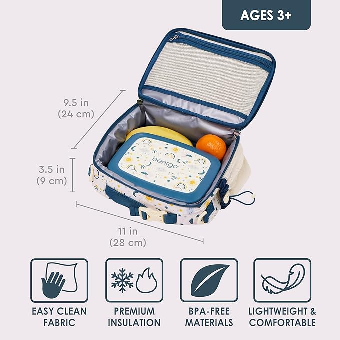 Bentgo Kids Lunch Bag - Durable, Double-Insulated Lunch Bag for Kids 3+; Holds Lunch Box, Water Bottle, & Snacks; Easy-Clean Water-Resistant Fabric & Multiple Zippered Pockets (Friendly Skies)