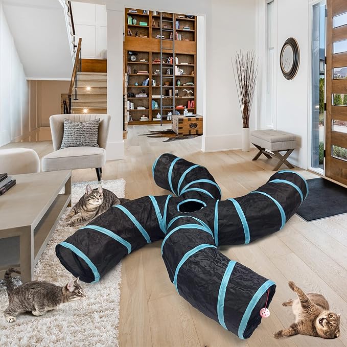 Cat Tunnel for Indoor Cats Large, with Play Ball S-Shape 5 Way Collapsible Interactive Peek Hole Pet Tube Toys, Puppy, Kitty, Kitten, Rabbit (Blue & Black) (4-Way)