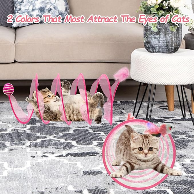 2 Packs Folded Cats Tunnel, Cats Tunnels Toy for Indoor Cats Collapsible Tubes Plays Tunnel Spring Exercise Pet Tunnel Bed Interactive with Toys Feather Mouse Attract Kitten Pink