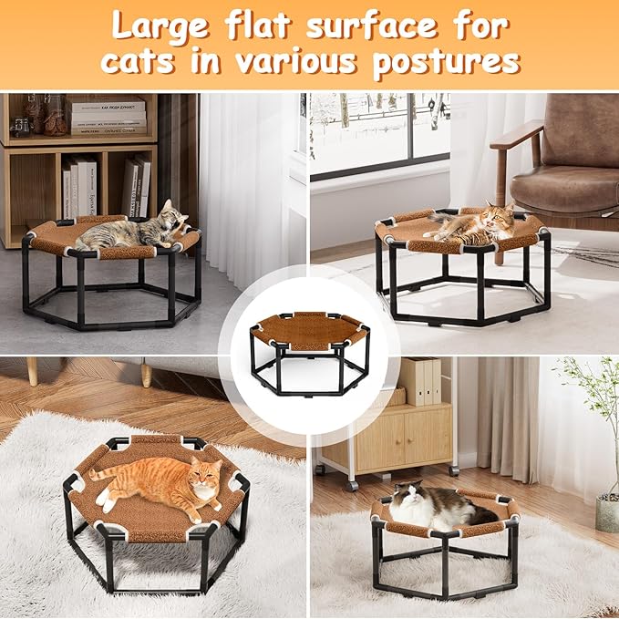 Tresbro Cat Bed, Hexagon Warm Elevated Cat Bed with Thick Teddy Velvet & Anti-Slip Pads, Raised Cat Hammock Bed for Indoor and Outdoor Use, 20.5'' x 18'' x 9.4'' Cat Hammock for Medium to Small Cats