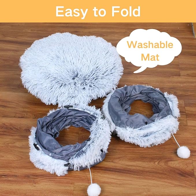 Cat Tunnel Bed Under Christmas Tree, Cat Tunnels for Indoor Cats, Collapsible Cat Donut Tunnel Cave for Medium & Large Cat, Ring Round Circular Cat Tunnel, Multiple Shape Combinations(O-S-X), Gray