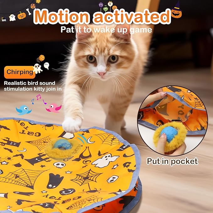 Interactive Cat Toys Ball Fast Rolling in Pouch, Motion Activate Chirping Cat Toy Hide and Seek Mouse Catching Game (Halloween Party)
