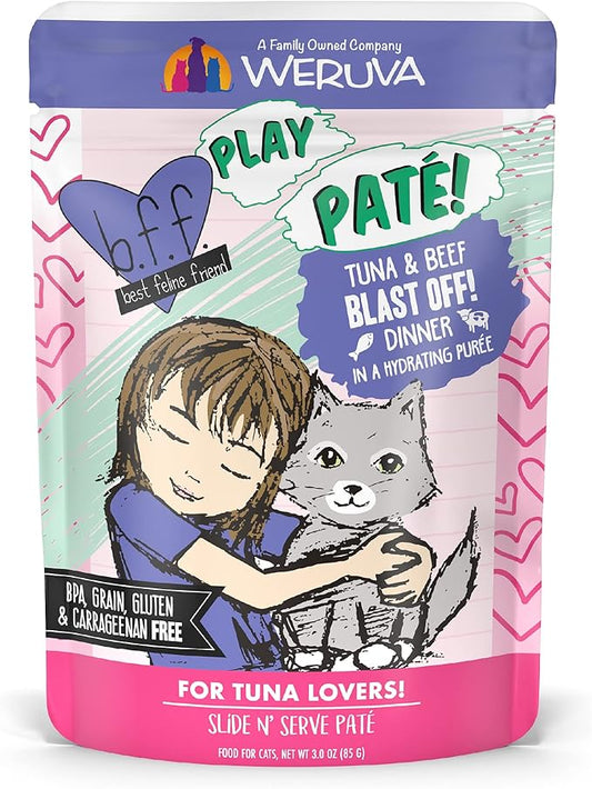 Weruva B.F.F. Play - Best Feline Friend Paté Lovers, Aw Yeah!, Tuna & Beef Blast Off! with Tuna & Beef, 3oz Pouch (Pack of 12)