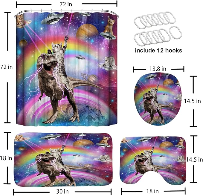 4 Pcs Cosmic Cat Shower Curtain Sets, Funny Space-Themed Bathroom Decor with UFO Cats Rainbows and Lightning T-Rex, Includes Toilet Cover and Rugs, Colorful Galaxy Bath Accessories, 72''x 72''