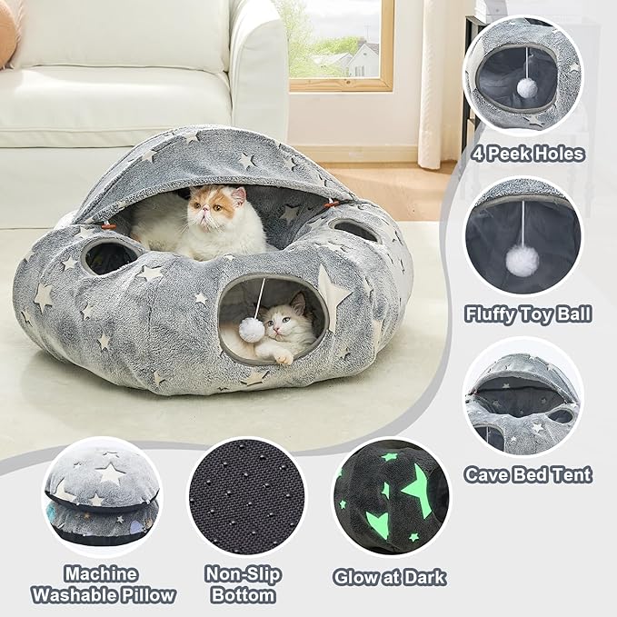 JIUPETY Cat Tunnel Bed with Soft Plush Mat, Collapsible Tube Playground, Cat Cave Bed Tunnel for Indoor Cats, Kitten, Rabbit, Ferret, Fluffy Plush Material, Includes Dangling Balls, Cave Grey A