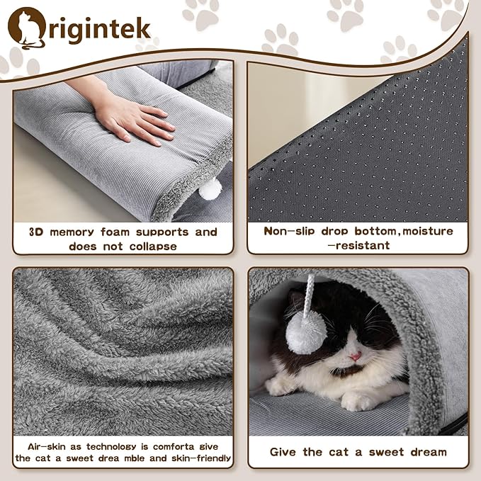 Cat Tunnel Bed for Indoor Cats, 2in1 Cat Bed and Tunnel Cat Toys,27.55IN Large Size Cat Carpet Tunnel Suitable for All Seasons, Detachable, Washable for Cats and Small Pets&Grey
