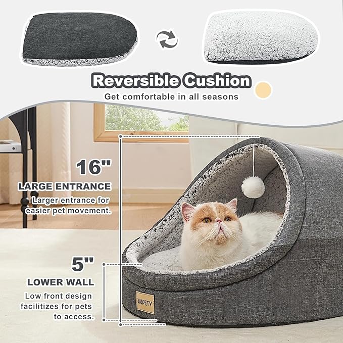 Jiupety Cute Cat Beds for Indoor Cats, Cat Cave Bed and Kitten Bed, Burrowing Cat Bed & Puppy Bed with Anti-Slip Bottom, Washable Removable Cushion, L(19"x17"x16"), Dark Gray.