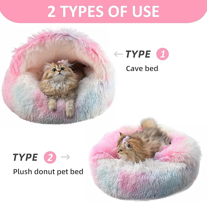 Something Different Cat Bed Round Plush Fluffy Hooded Calming Cat Bed Cave for Dogs&Cats,Self Warming pet Bed with Non-collapsed Cover for Indoor Cats or Small Dogs,Machine Washable,20in,Rainbow