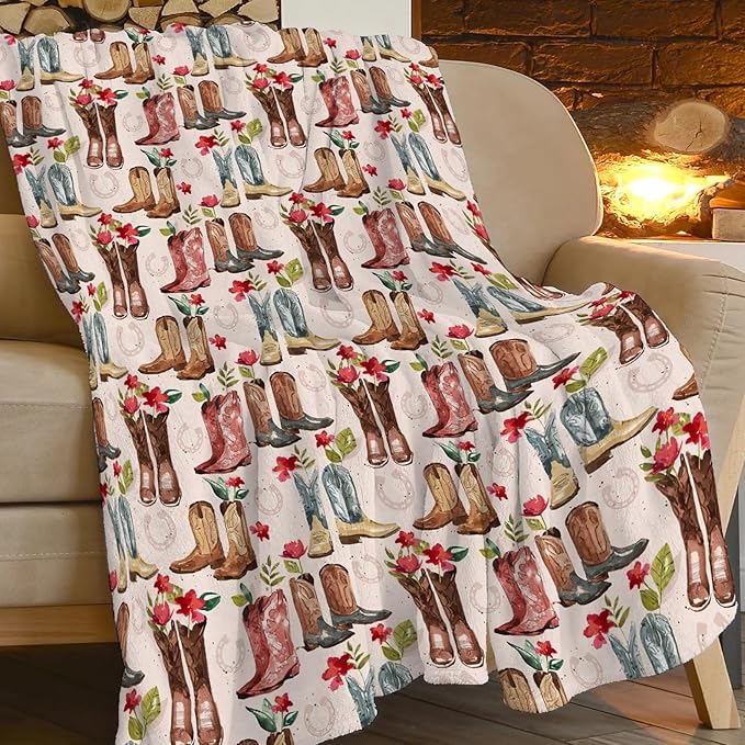 Western Cowboy Blanket Country Cowboy Boots Throw Blanket Super Soft Cozy Plush Lightweight Fleece Flannel Flower Decor Blanket Gifts for Girls Boys Women Men Adults for Sofa Couch 60"X80"
