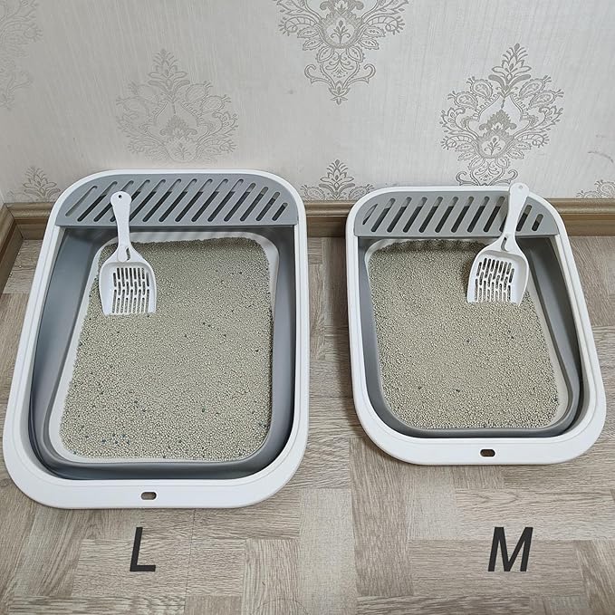 2 pcs Collapsible Kitten Litter Box,Low Entry Shallow Open Cat Potty Pan with Scoop Foldable Shallow Cat Toilet Travel Litter Box with Falling Sand Pedal for Kitty to Senior Cats 2PCS(Grey, Large)